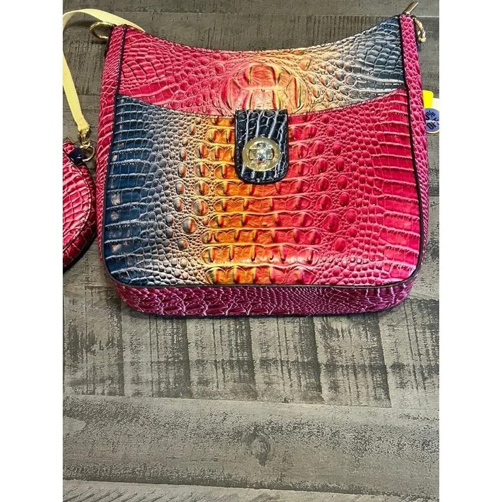 Gradient Rainbow Faux Crocodile Crossbody Bag & Coin Purse Set Ombre Vegan EUC